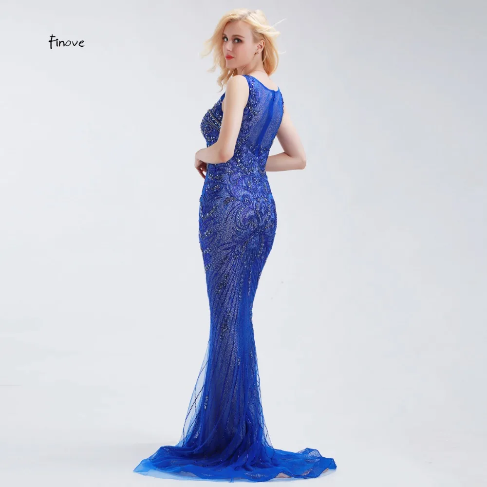 Finove Длинные вечерние платья Иллюзия See Through Back Кристалл Бисером Модные женские