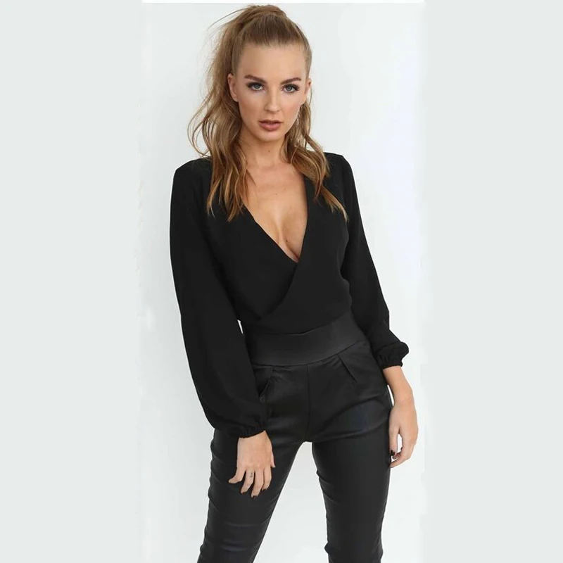 Full Sleeve V Neck Backless Bow Short Chiffon Blouse Women Sexy Club Party Shirts |