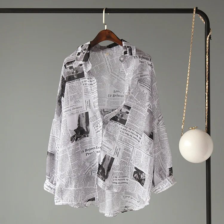 Women Shirt Для женщин опрятный газетный буквенный принт свободные рубашки женские отложной воротник хлопок смесь длинный рукав кардиган Кнопка Блузка Топы - Цвет: Women Shirt