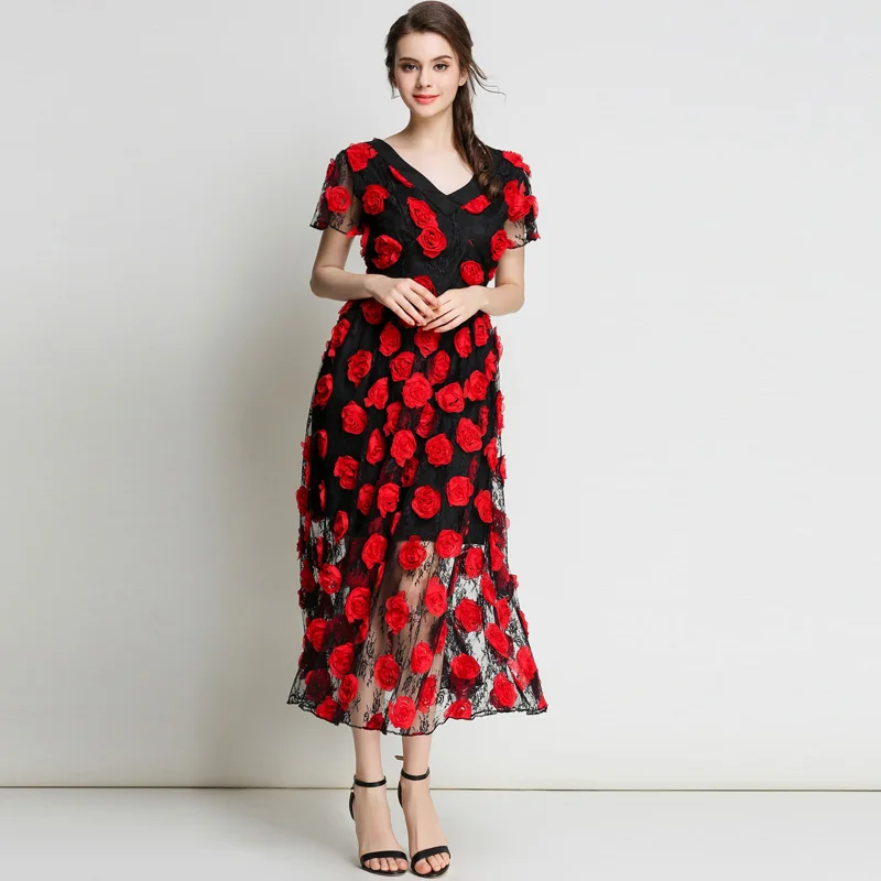 Пикантные 3D цветок аппликация кружева платье с v-образным вырезом короткий рукав