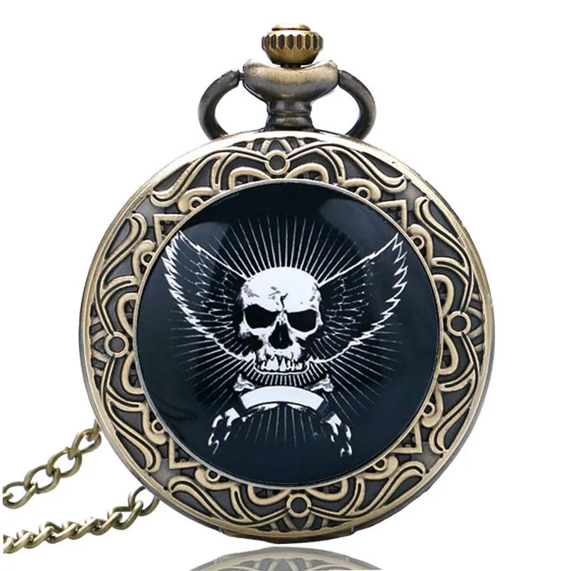 

Skull And Crossbones Angel Wings Pocket Watch Wholesale Antique Fashion High Quality Retro Alloy Pocket Watch Men Gift