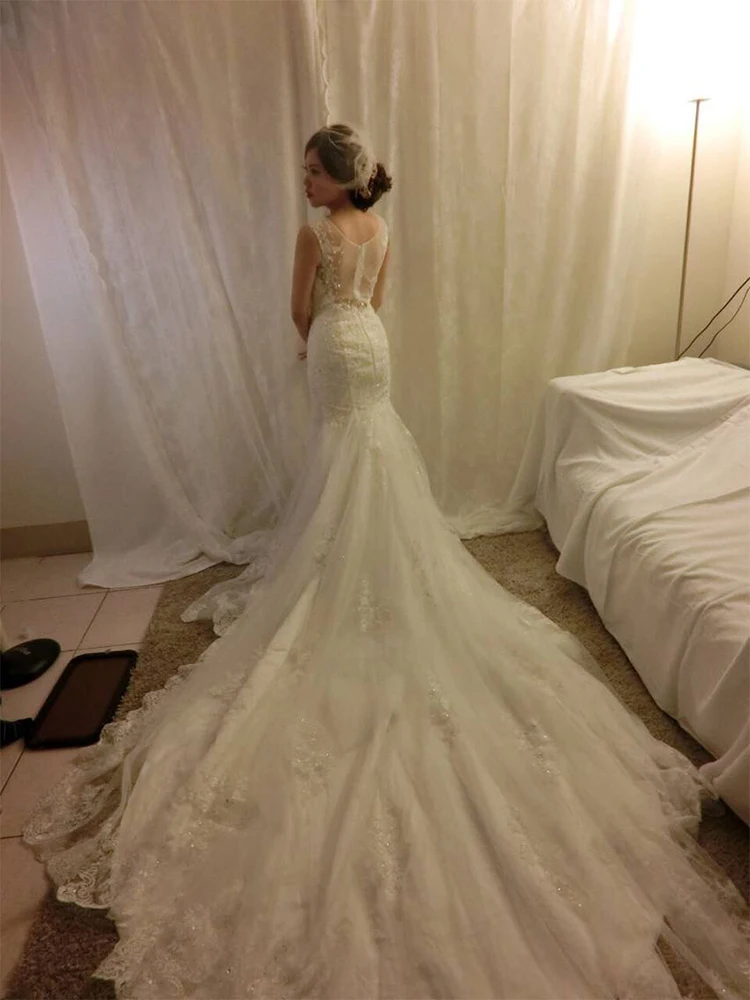 Vogue of new fund 2015 word shoulder lace v-neck white gauze waist tail back the bride wedding dress 143 | Свадьбы и торжества