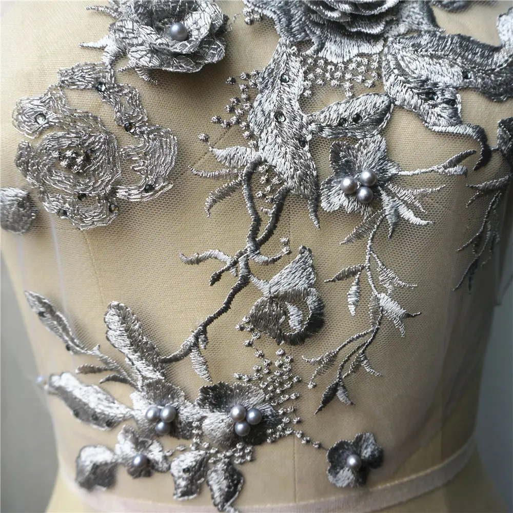 Серые 3D Цветочные бусины стразы аппликации вышитые украшения для свадебного