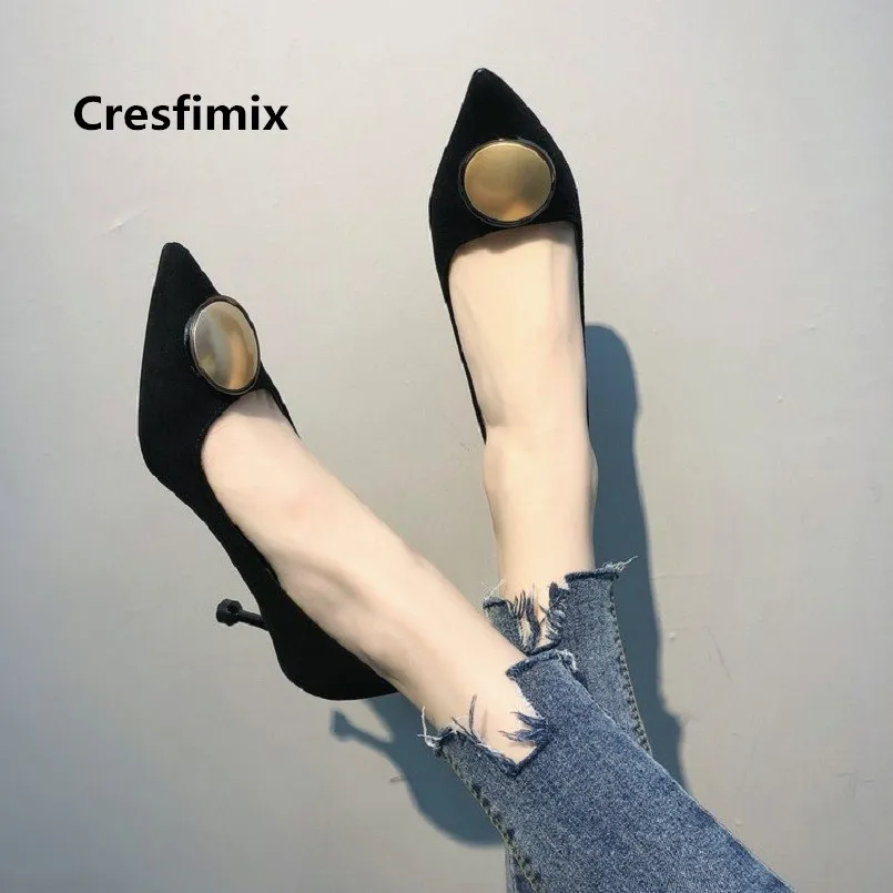 Cresfimix/женские классические офисные черные туфли из флока на высоком каблуке
