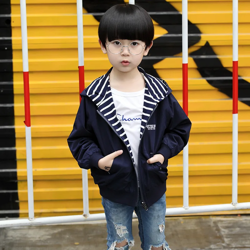 Куртка детская демисезонная с капюшоном в полоску двусторонняя|boys fashion jacket|boys