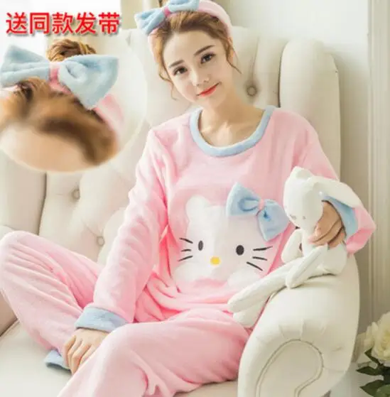 Зимние фланелевые пижамы для женщин, милые женские пижамы, Пижама Kigurumi, высокое качество, повседневные мягкие пижамы для женщин, 2 шт - Цвет: Розовый