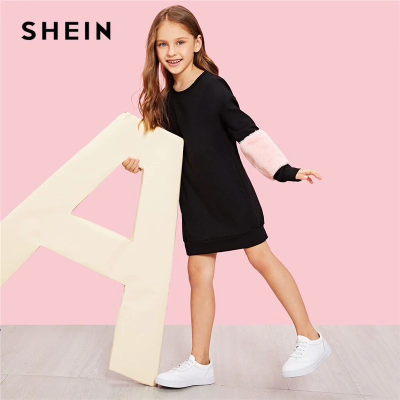 SHEIN/черный свитер с искусственным мехом для девочек; Повседневное платье; Детские платья; коллекция года; сезон весна; корейское платье с длинными рукавами и цветными блоками для девочек