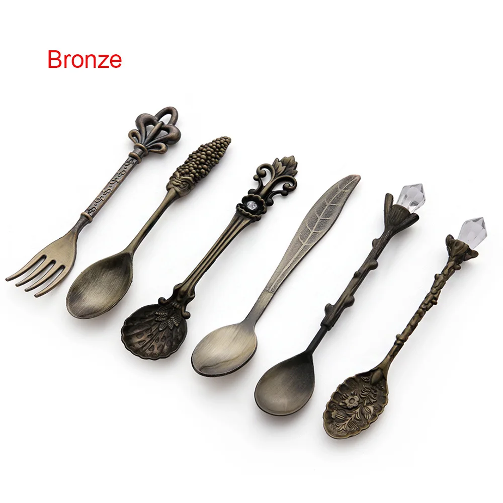bronze 6 шт., винтажные ложки, вилка, мини, Королевский стиль, металлические, золотые, резные, кофейные, фруктовые закуски, призеры, десертная вилка, кухонный инструмент, чайная ложка, 1 набор - Цвет: bronze