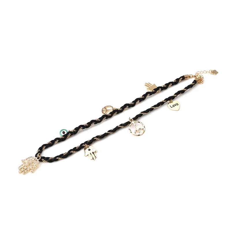 Женский браслет с подвесками Lucky Eye Hamsa черный красный нитью и кисточками модные