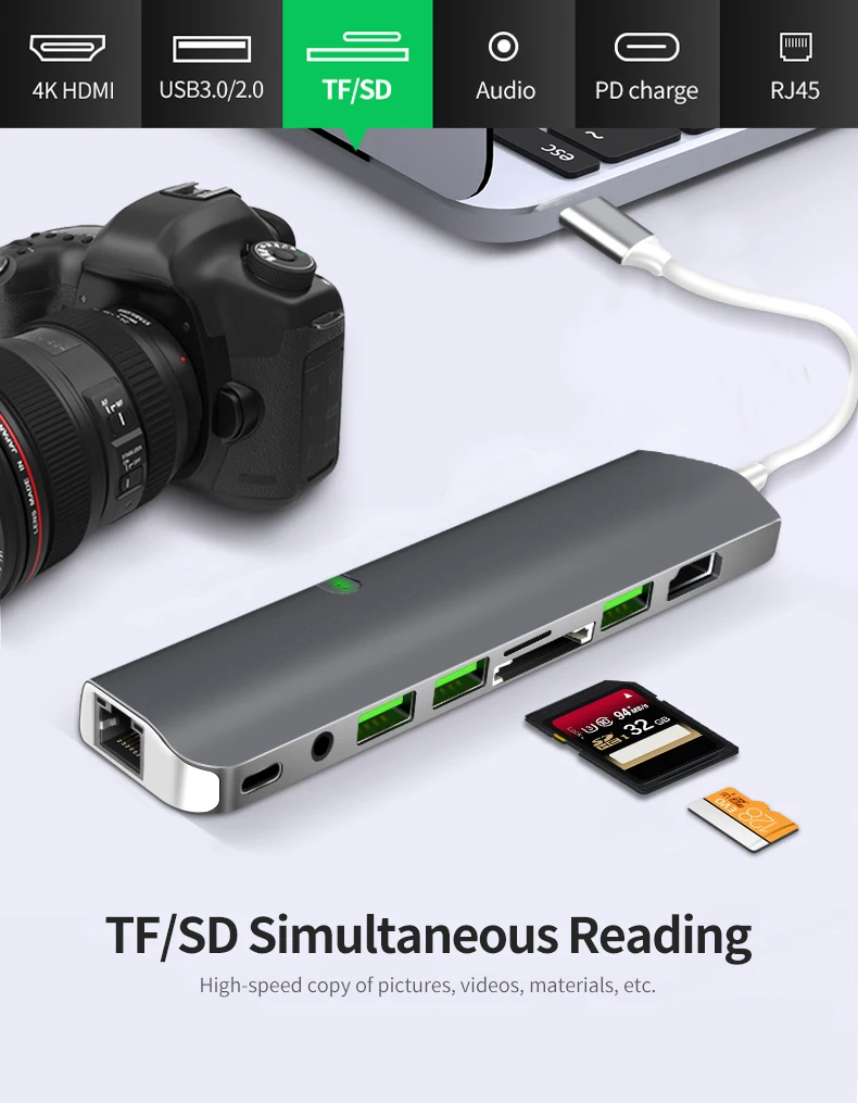 USB C концентратор, 9 в 1 многопортовый концентратор, Тип C концентратор с HDMI RJ45 USB3.0 PD SD TF 3.5AUX для ноутбука, больше устройств с интерфейсом type C