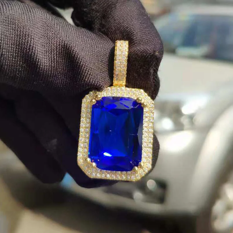 Gold and Blue Для мужчин и женщин хип-хоп Iced out Bling квадратный драгоценный кулон ожерелье браслет горный хрусталь украшения CZ ожерелье ювелирные изделия Хип-хоп роскошные подарки - Окраска металла: Gold and Blue