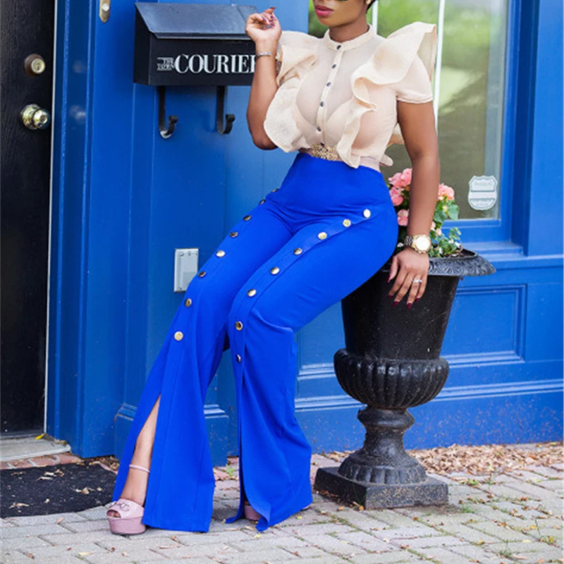 2019 модные брюки палаццо с пуговицами сбоку женские высокой талией летние