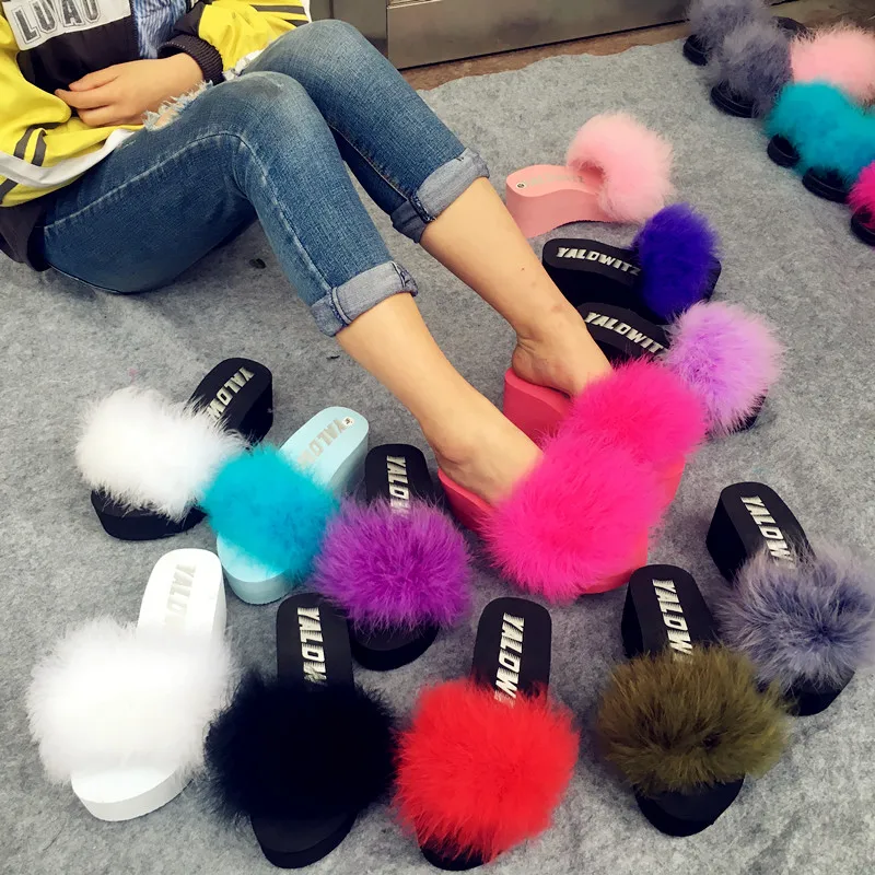 

Fur Furry Slide Sweet Ostrich Feather Thick Bottom Beach Female Sandals Hair Flip Flops Women Home Slippers Fenty playform Soft