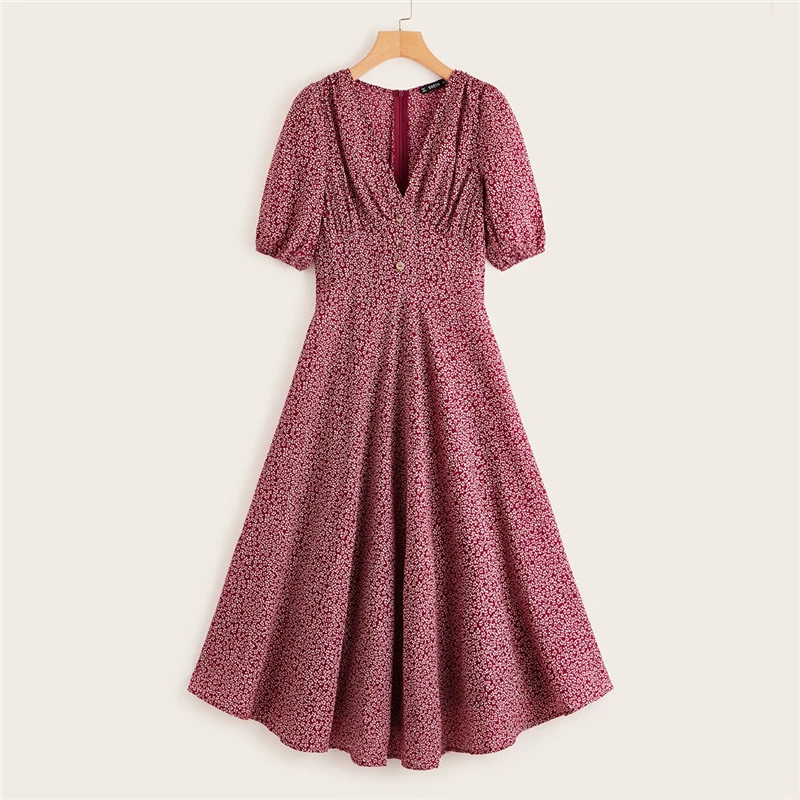 SHEIN модное женское платье с v-образным вырезом и пуговицами спереди,, шикарное летнее бордовое ТРАПЕЦИЕВИДНОЕ ПЛАТЬЕ С Коротким Рукавом и расклешенными рукавами