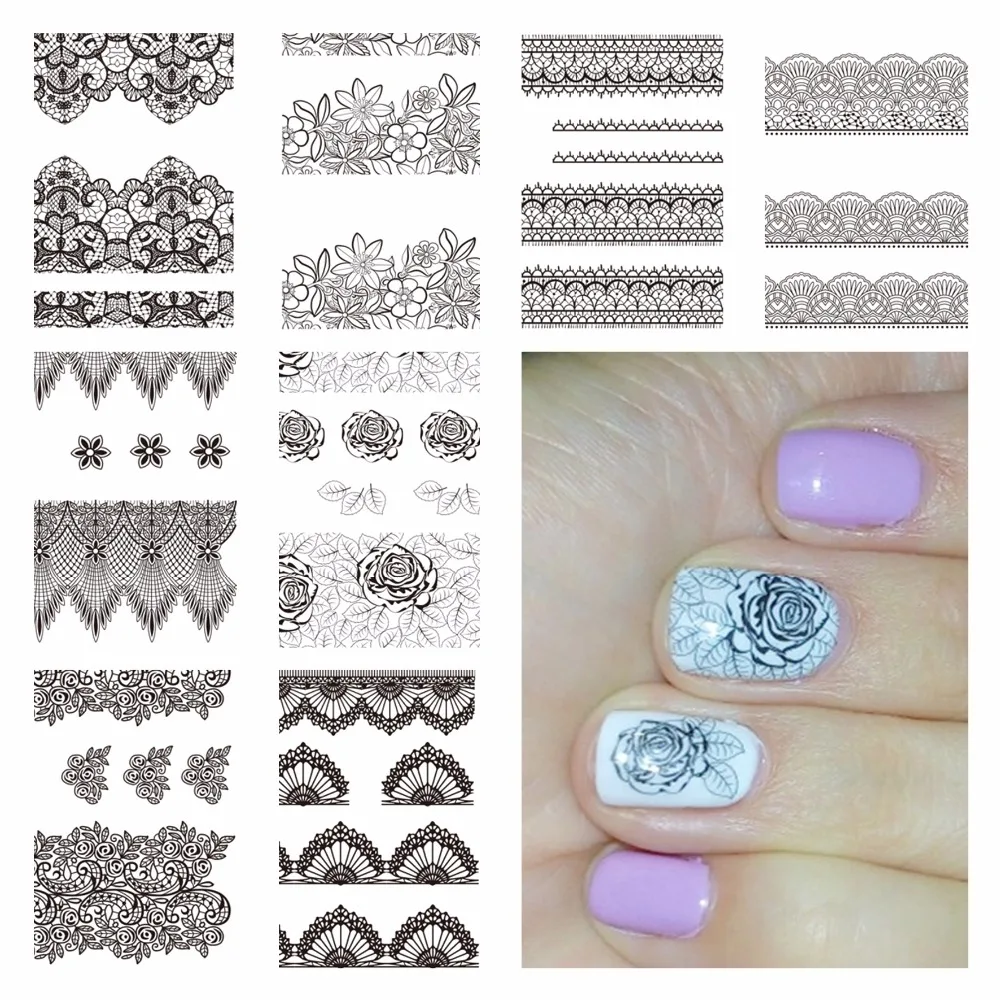 

1 Sheet Optional Black Lace Flower Designs Nail Art Water Decals Transfer Sticker For Nails