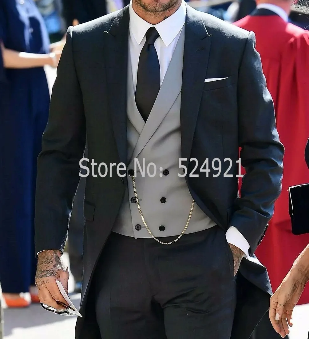 

Morning Style Groomsmen Black Groom Tuxedos Peak Lapel Men Suits edding Best Man Blazer ( Jacket+Pants+Tie+Vest ) C392