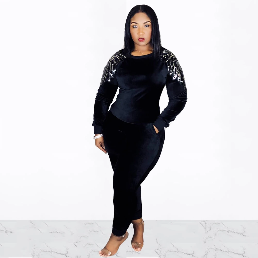 Women Two Piece Set Outfits Velvet Sequins Shoulder Patchwork O-Neck Long Sleeve Pullovers Pencil Pants Casual Sportswear |