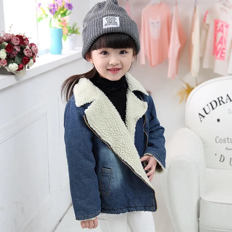 Зимнее пальто для детей новинка 2017 однотонное джинсовое полупальто девочек и