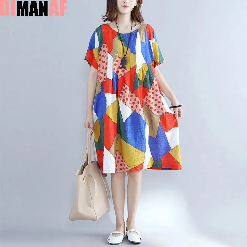 DIMANAF летнее платье больших размеров женские льняные клетчатые принты Женские