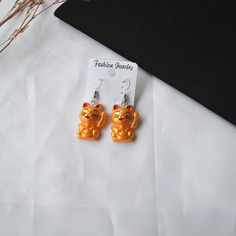 fortune cat Китайский новогодний стиль желтый красный цвет Кот приносящий удачу фонари Висячие серьги для женщин Девушка китайские персонажи висячие серьги - Окраска металла: fortune cat