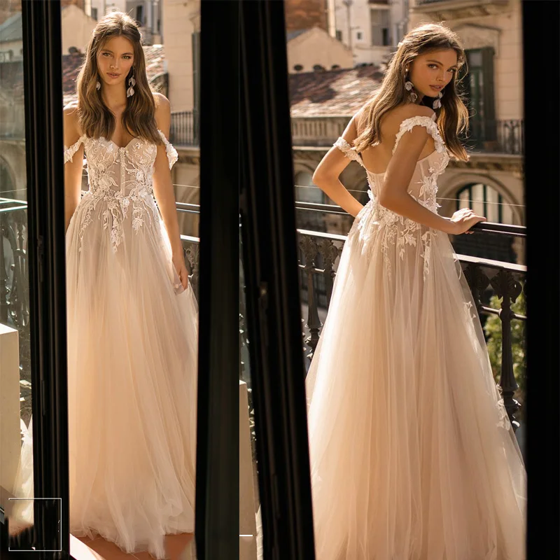 

Sweetheart Wedding Dress 2019 Off The Shoulder 3D Flowers Tulle A-line Lace Bride Gowns Vestidos De Novia Princess Wedding Gowns