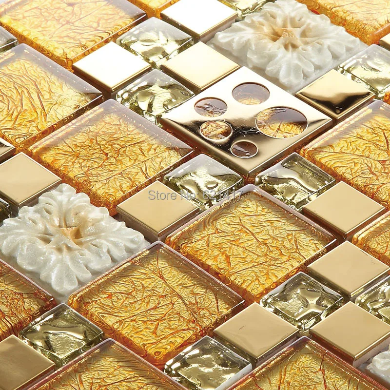 

yellow carved flower 3D glass stainless steel mosaic tiles HMGM1135 for mesh backing bathroom wall floor kitchen backsplash tile