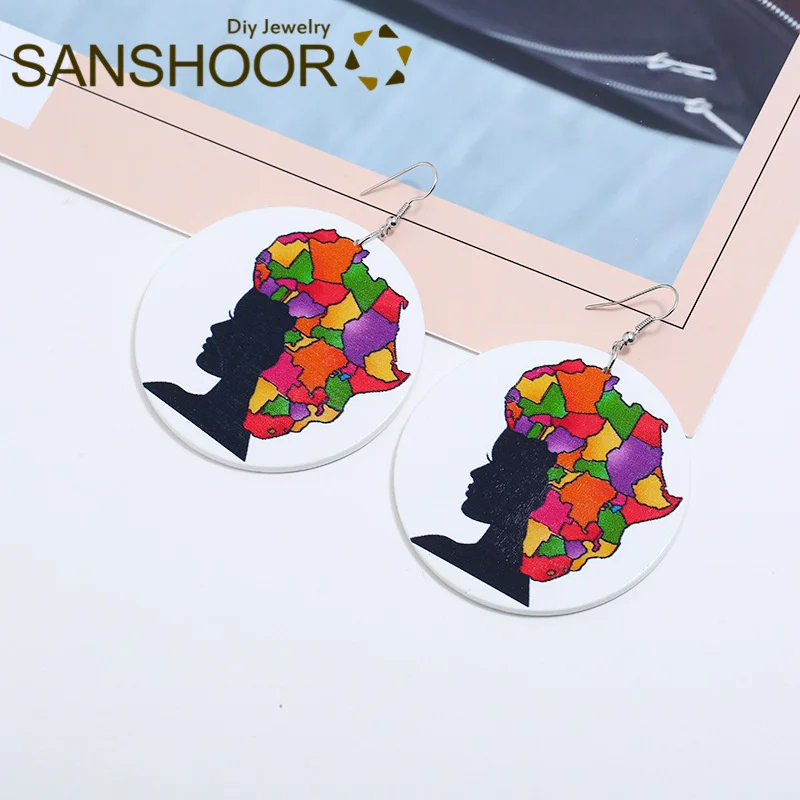 SANSHOOR напечатанные африканские натуральные волосы деревянные серьги