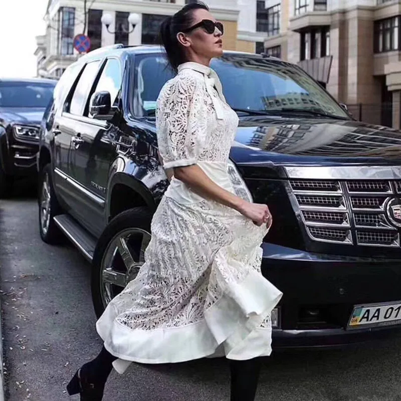 Высокое качество женское Макси кружевное платье 2018 Boho Chic See Through с пышными