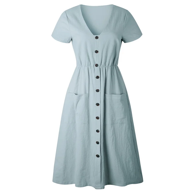 light blue LASPERAL, женские модные летние платья миди с коротким рукавом, v-образным вырезом, пуговицами, карманами, пляжные летние богемные платья - Цвет: light blue
