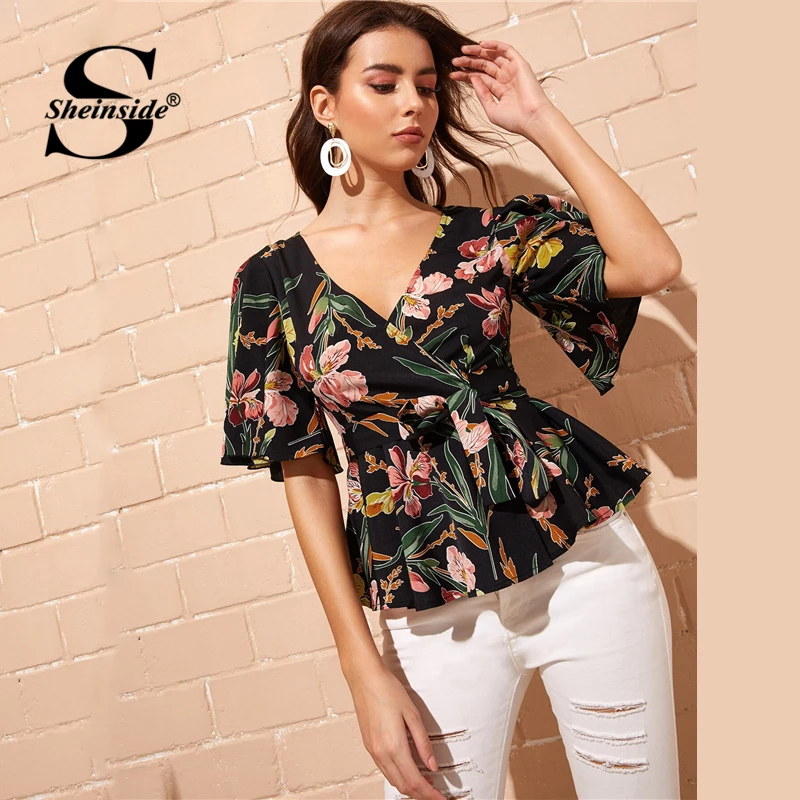 Sheinside Boho V шеи обёрточная Половина рукава блузка для женщин лето рукав-Волан блузки для женщин цветочный принт с поясом гофрированный подол Топ