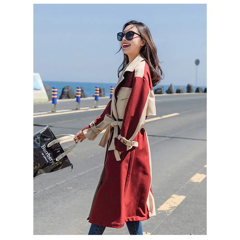 

British Wind Red Windbreaker Long Section Stitching Contrast Color Outerwear Casual 2020 Autumn Trend Coat Feminino casaco f979
