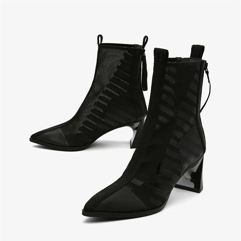 Summer Boots Breathable Mesh Pointed Toe Short Booties Fashion Women Pumps 6 cm High Heels Spring White Black HL143 MUYISEXI