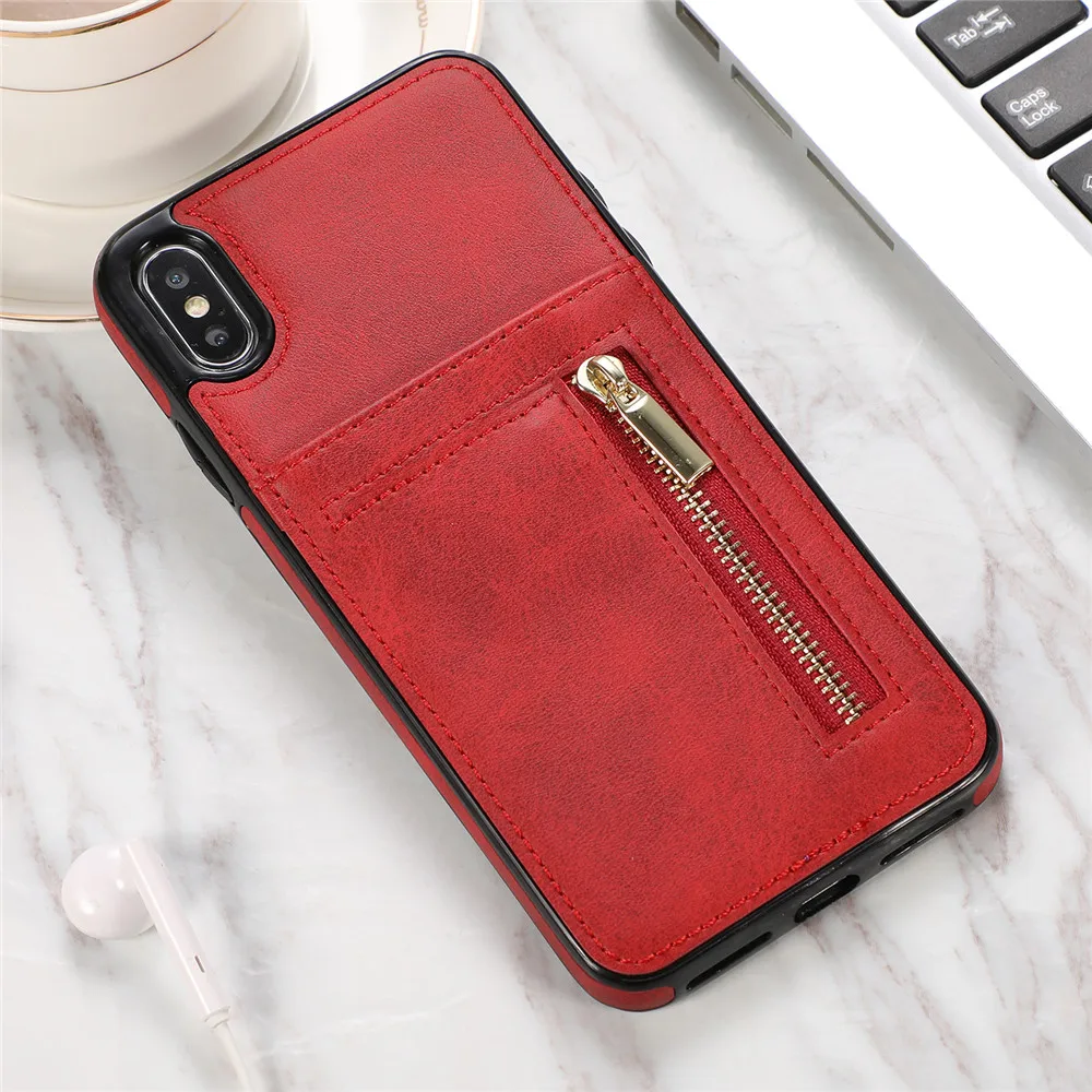 Red zhiyue Тонкий держатель для карт чехол для Iphone Xs 11 pro Max xr кожаный кошелек на молнии противоударный силиконовый чехол для Iphone 5 5S 8 7 6 6s Plus - Цвет: Red zhiyue
