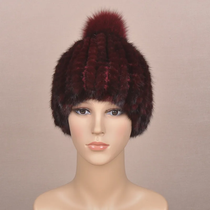 2014 зимняя шапка из 100% натурального меха норки с лисьим помпоном вязаная BE1440