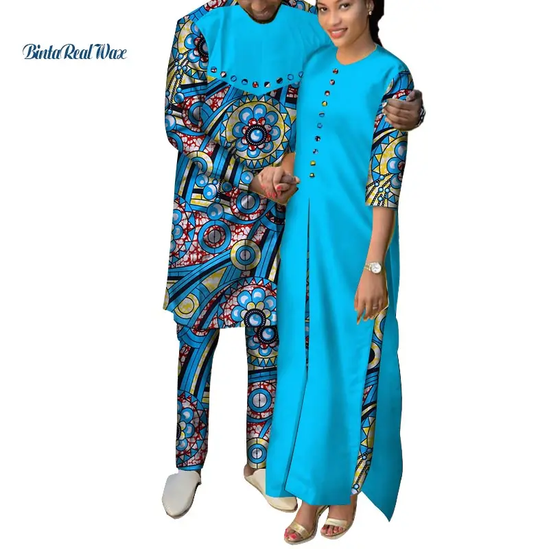 African Clothes Women Ankara Print Long Dresses Mens Shirt and Pants Sets Lover Couples Clothes African Design Clothing WYQ146