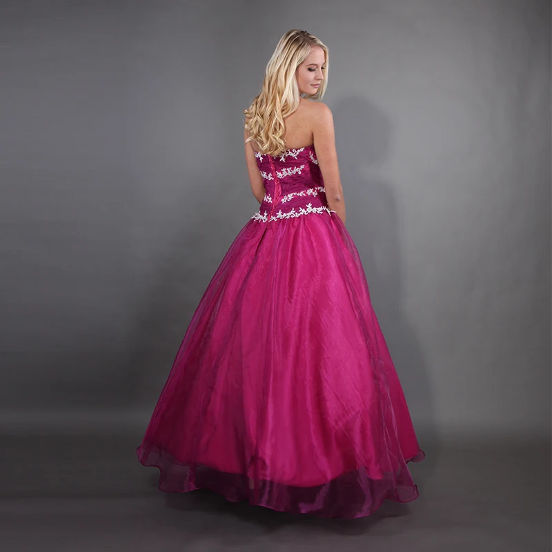Elgant Милая фуксия розовый Quinceanera платья пушистые Бальные органза Белая аппликация