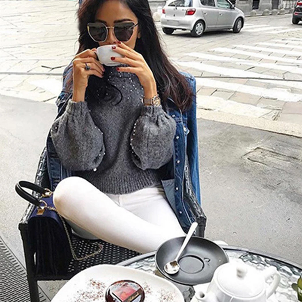 Casual Winter Warm Soft Turtleneck Knitted Sweaters Women Lantern Sleeve Pearl Beading Jumper Sweater Female Loose Gray Pullover | Женская