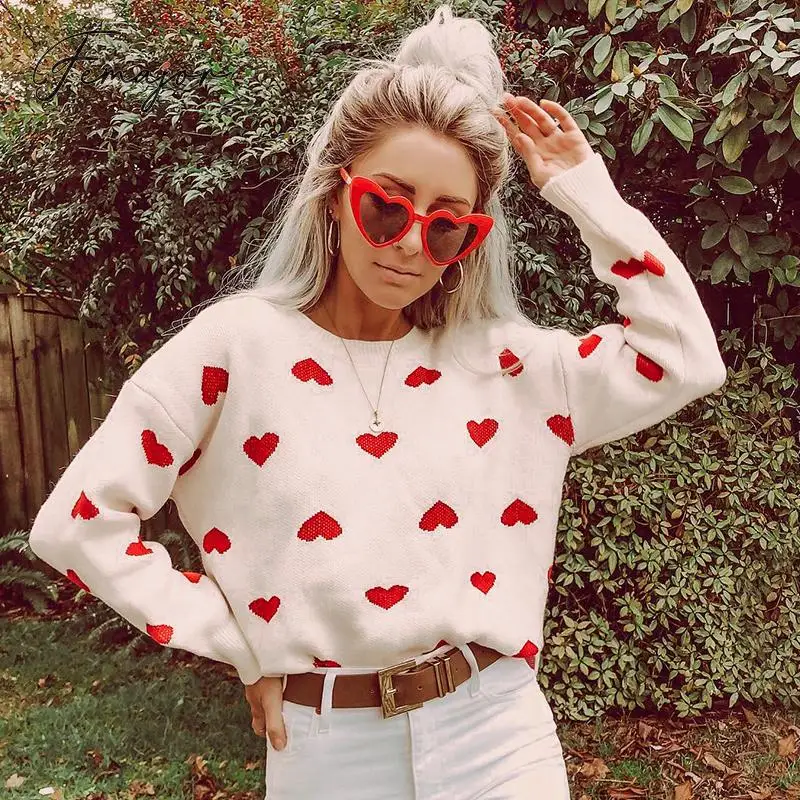 Femajor Women Sweater Autumn Winter Red heart Crochet Casual High Street Loose Lantern Pullover Female White Jumpers | Женская одежда