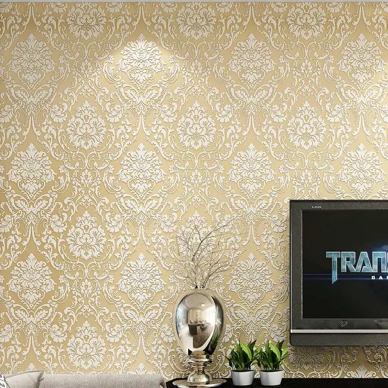 Европейской роскоши Дамаск Блеск 3D тиснением Флокирование нетканые стены