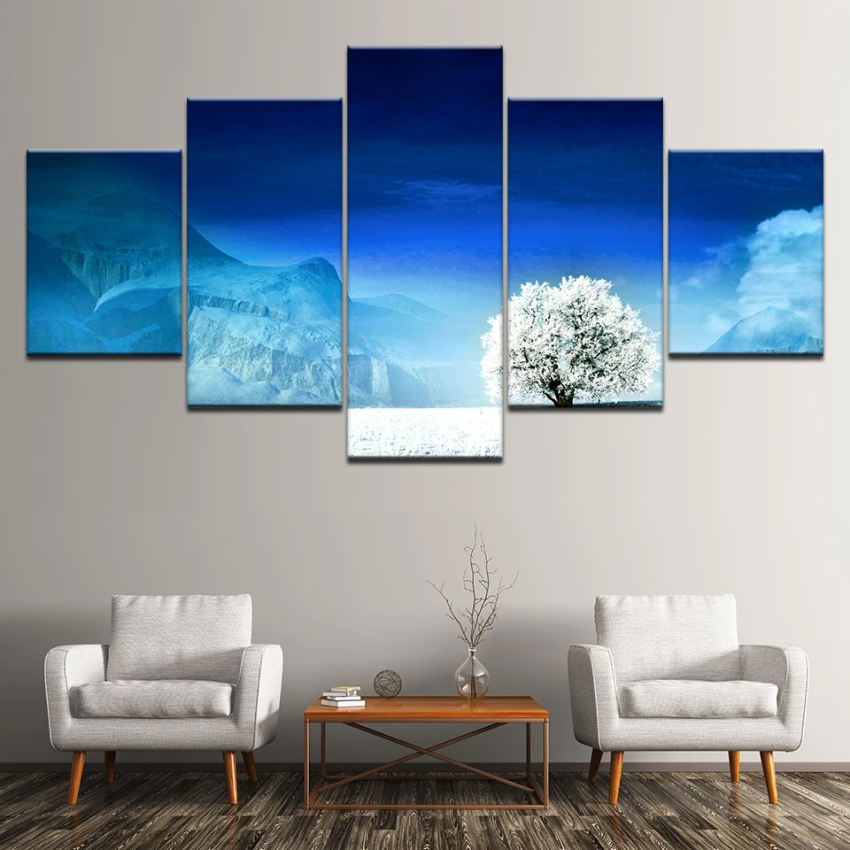 

Canvas Painting the snow tree with snow mountain 5 Pieces Wall Art Painting Modular Wallpapers Poster Print for Home Decor