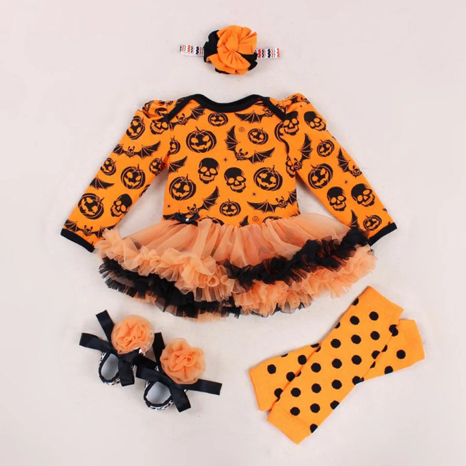 Комплект из 4 предметов Оранжевое платье-пачка с длинными рукавами и принтом