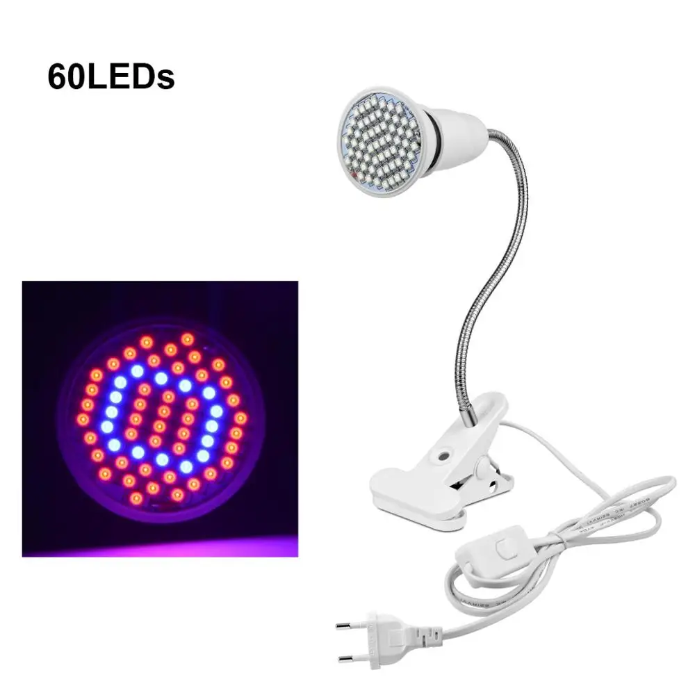 60LEDs with Holder Светодиодный светильник для роста растений, цветов, полный спектр, светодиодный светильник для выращивания, E27 лампа с держателем на зажиме, гидропоника, фито-лампа - Испускаемый цвет: 60LEDs with Holder