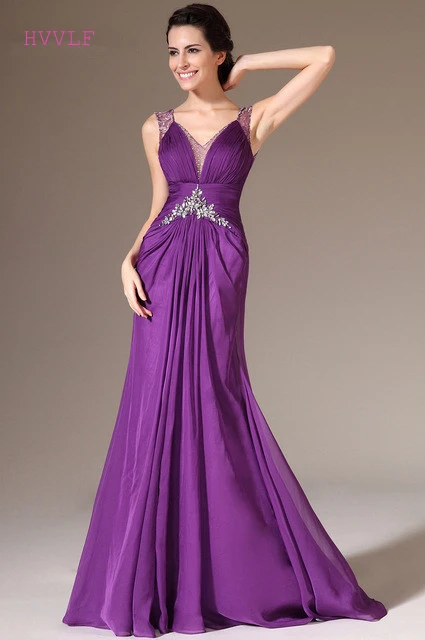 

Purple Evening Dresses Mermaid V-neck Chiffon Beaded Lace Plus Size Long Evening Gown Prom Dresses Robe De Soiree