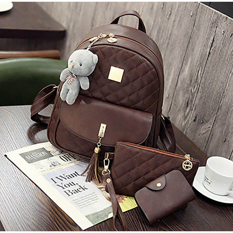 Women Small Vintage Backpack Women's Bag Set Waterproof Retro Bear Pendant Bags Set Of 3 Female Luxury Cute Leather Backpacks