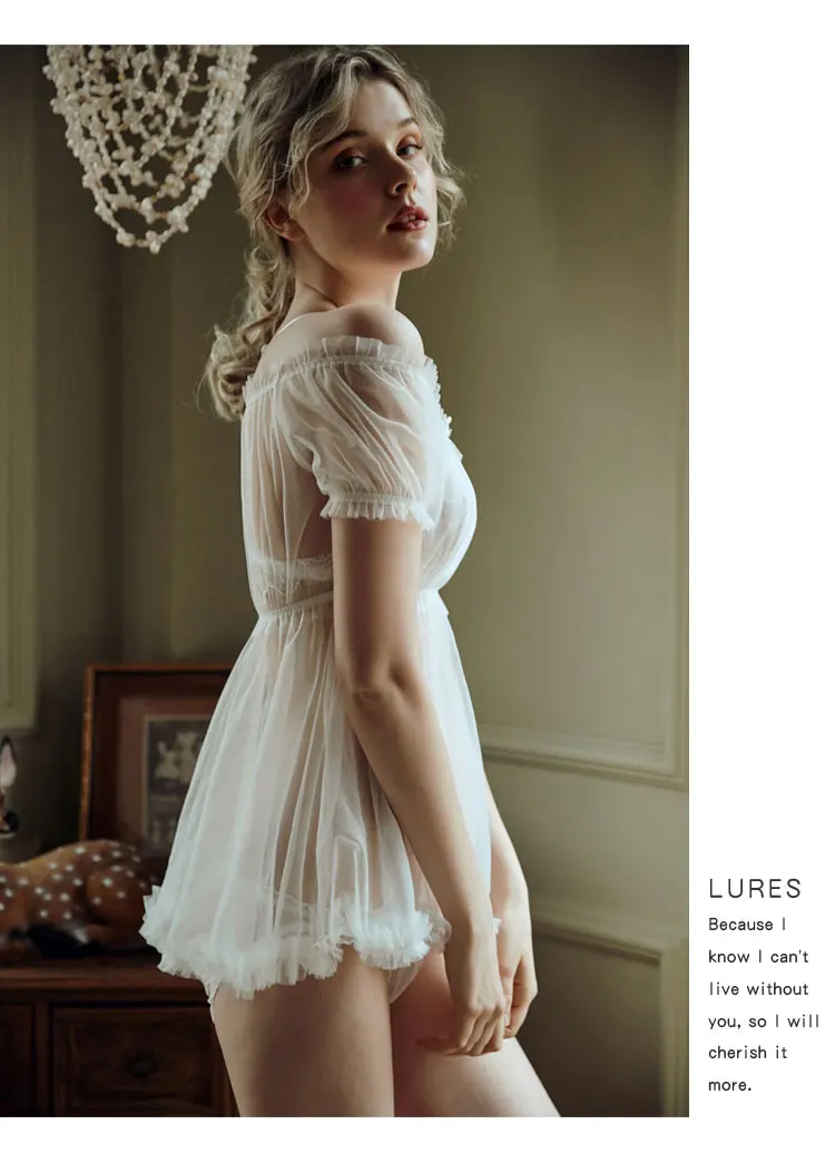 Новинка года; стильная пикантная ультра-тонкая кружевная Пижама принцессы с бантом; прозрачная сетчатая ночная рубашка с открытыми плечами; комплект нижнего белья; мини-платье