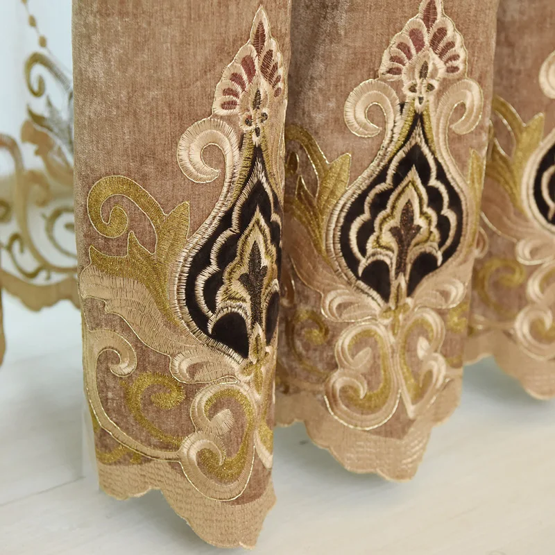 

Brown classic embroidery luxury European high quality flat curtains for Living Room high-end custom villa curtains for Bedroom