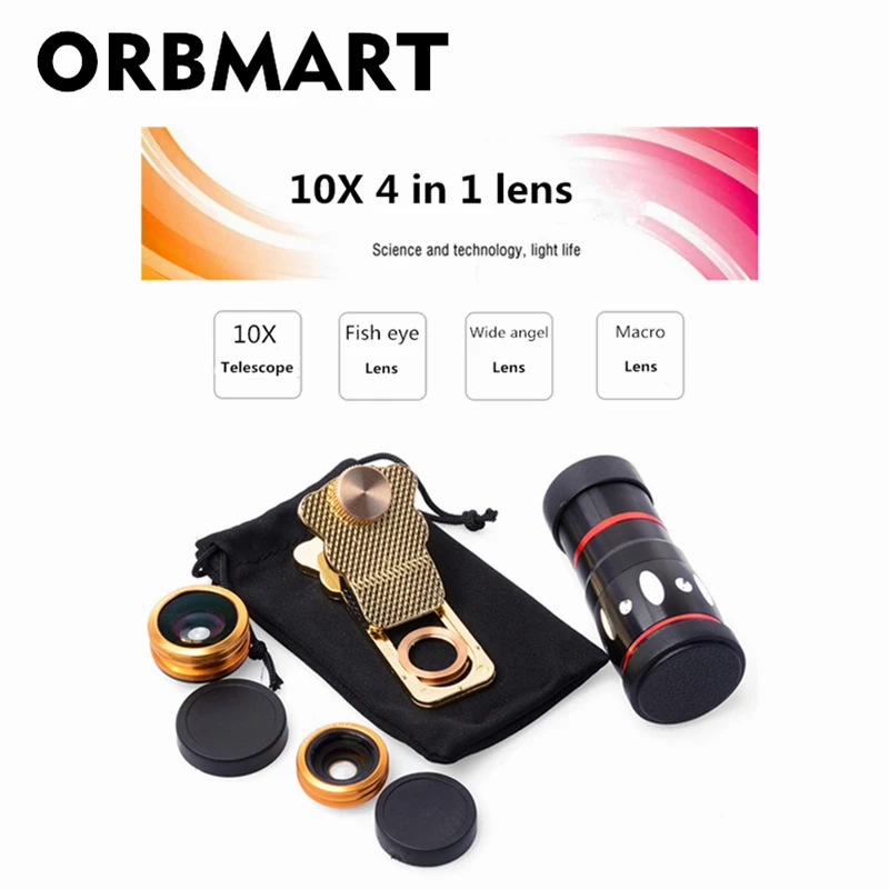 

ORBMART Универсальный 4 в 1 клип 10X зум телескоп рыбий глаз Широкий Ангел макрообъектив для iPhone SE 6 6S Plus Samsung S7 S6 Redmi телефон