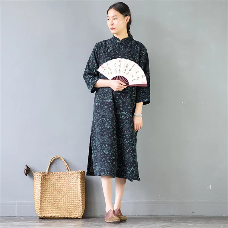 SCUWLINEN Vestidos, женское весеннее летнее платье, винтажное, с принтом, на кнопках, три четверти, свободное льняное платье, Повседневное платье S299