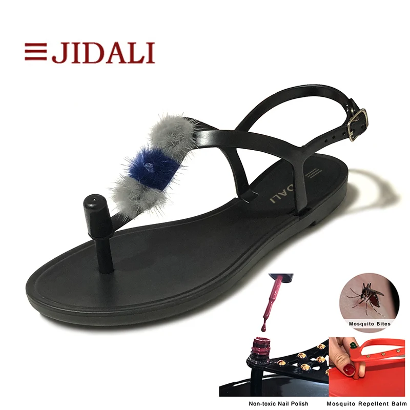 JIDALI/Модная обувь; женские вьетнамки из меха норки; нетоксичный лак для ногтей или Противомоскитный бальзам; Летние сандалии с Т-образным ремешком из ПВХ - Цвет: Mosquito Balm