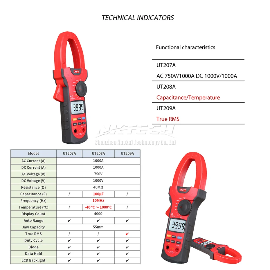 UNI-T Цифровые токоизмерительные клещи UT207 UT207A UT208 UT208A UT209 UT209A Авто Диапазон AC DC Вольт тока 1000V 1000A Амперметр частота Ом